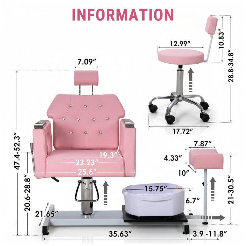 IJIALIFE Pedicure Chair w/Foot Spa Basin, Adjustable Salon Chair w/ 360° Swivel & Reclining Backrest, Nail Tech Station with Stool & Footrest, Heavy Duty Spa Chair for Home Salon (Pink)