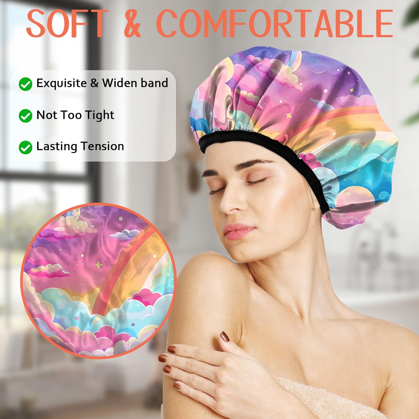 Cabreche Luxury Shower Cap Terry Lined Reusable Triple Layer Waterproof Hair Elastic Caps Shower Bath Hat for Women Girls Cute Aesthetic-Pink Cloud