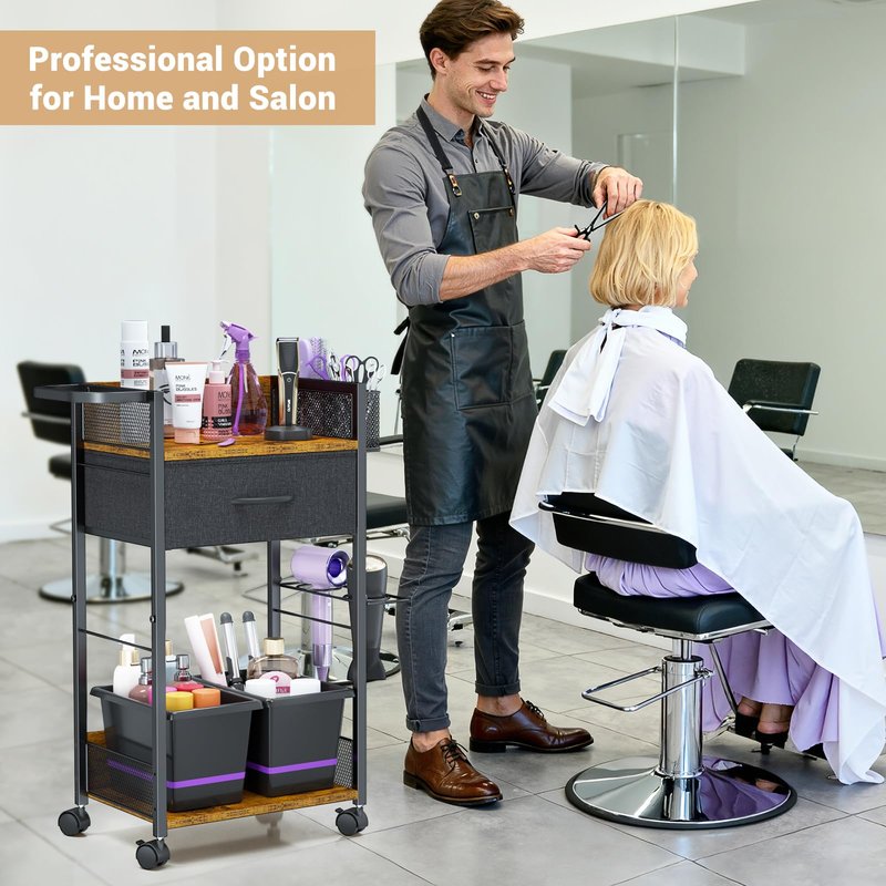 Salon Trolley Cart with Wheels, Mobile Hair Stylist Station with Metal Tool Holder & Basket, Rolling Barber Table with Fabric Drawer, Storage for Salon, Barbershop, Spa & Tattoo, Black