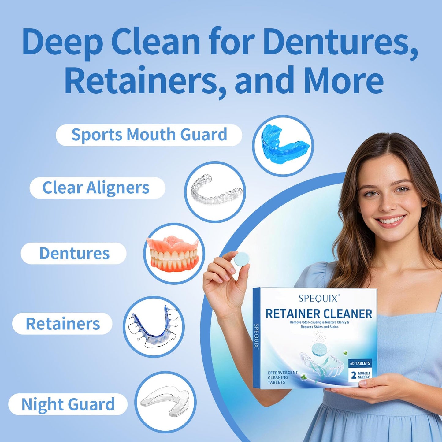 SPEQUIX Retainer Cleaner Tablets for Invisalign, Mouth Guard Cleaner Tablets for Dental Appliances, Denture Cleaning Tablets 60 Counts