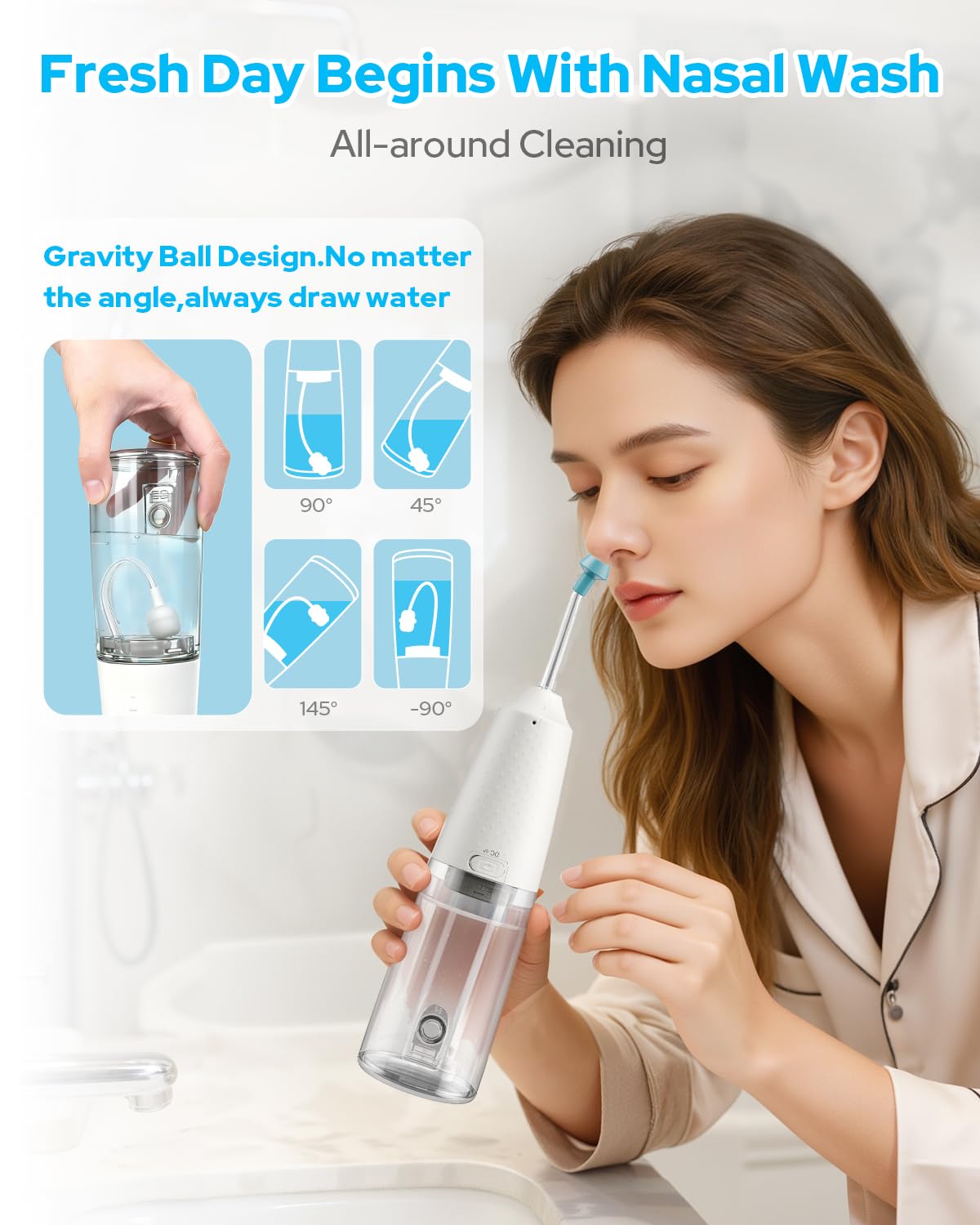 Nasal Irrigation System with 40 Saline Packets, 15s Quick Relief, Nettie Pot Sinus Rinse with 4 Speeds, 1000mah USB-C Charging, 6 Nozzles for Kid Adult, IPX7 Waterproof, Congestion Pressure Relief