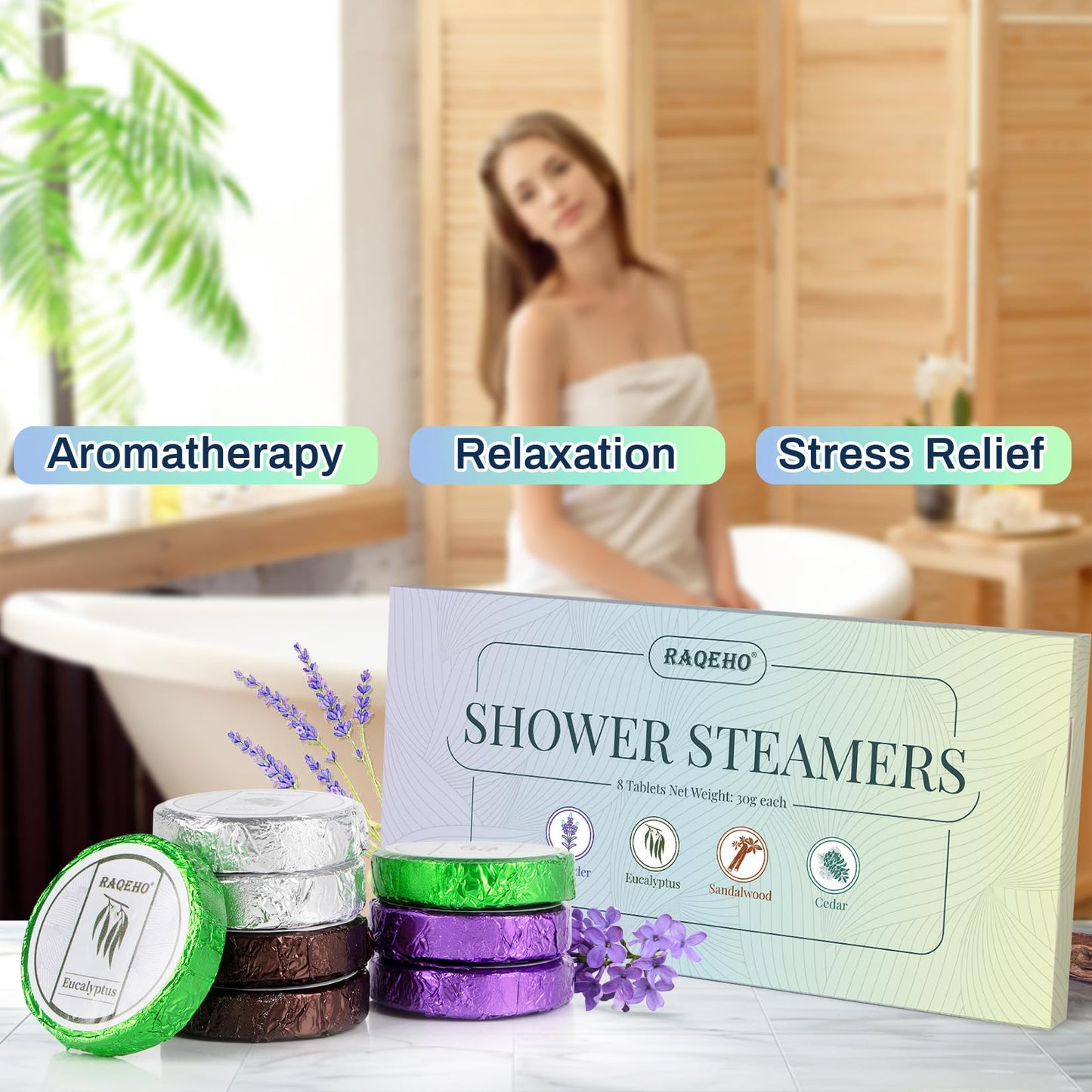 RAQEHO 8 Shower Steamers Aromatherapy - Relaxing Spa Steamers Self Care Body Relief Shower Bombs Essentials Eucalyptus Shower Tablets Stocking Stuffers Christmas Gifts White Elephant Gifts for Women