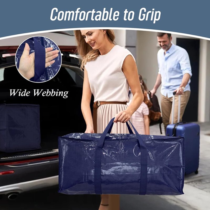 Extra Heavy Duty Large Moving Bags - 6 Pack with Strong Zipper & Comfortable Handles | Durable Blue Storage Totes for College Supplies