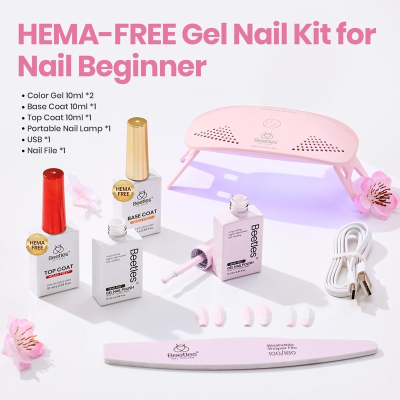 Beetles 2 Colors 10ML HEMA-Free White Pink Gel Nail Kit with U V Light, 6 Pcs Sakura Snow Gel Polish Set French Tips DIY Manicure Kit with Base & Top Coat Soak Off Home Salon Travel Gifts for Women