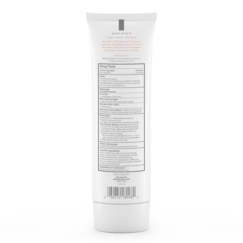 Native Sunscreen SPF 30, Zinc Oxide Dermatologist Tested Suitable for Sensitive Skin & Hawaii Compliant, 5 Ounces | Tropical Breeze Scent Sun Protection Lotion, Lightweight & Smooth