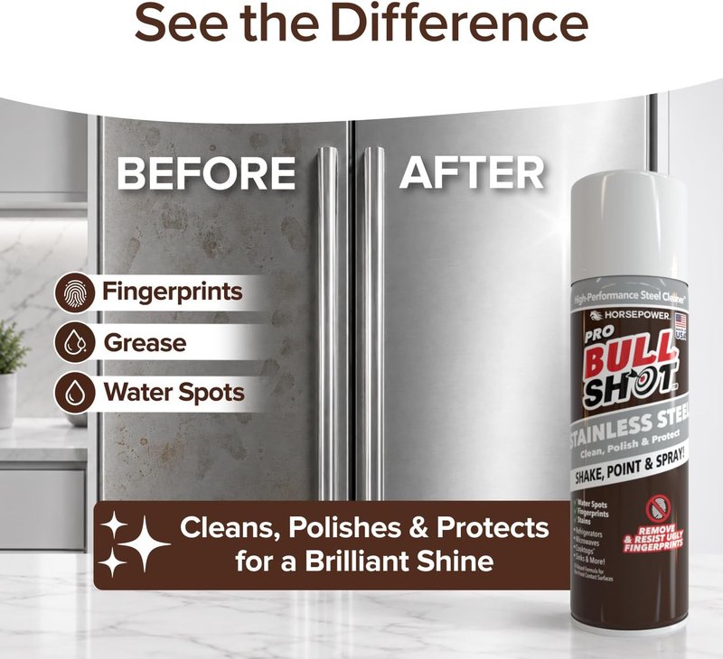 Bull Shot Stainless Steel Cleaner Spray - Cleans, Polishes & Protects | Removes Fingerprints & Streaks