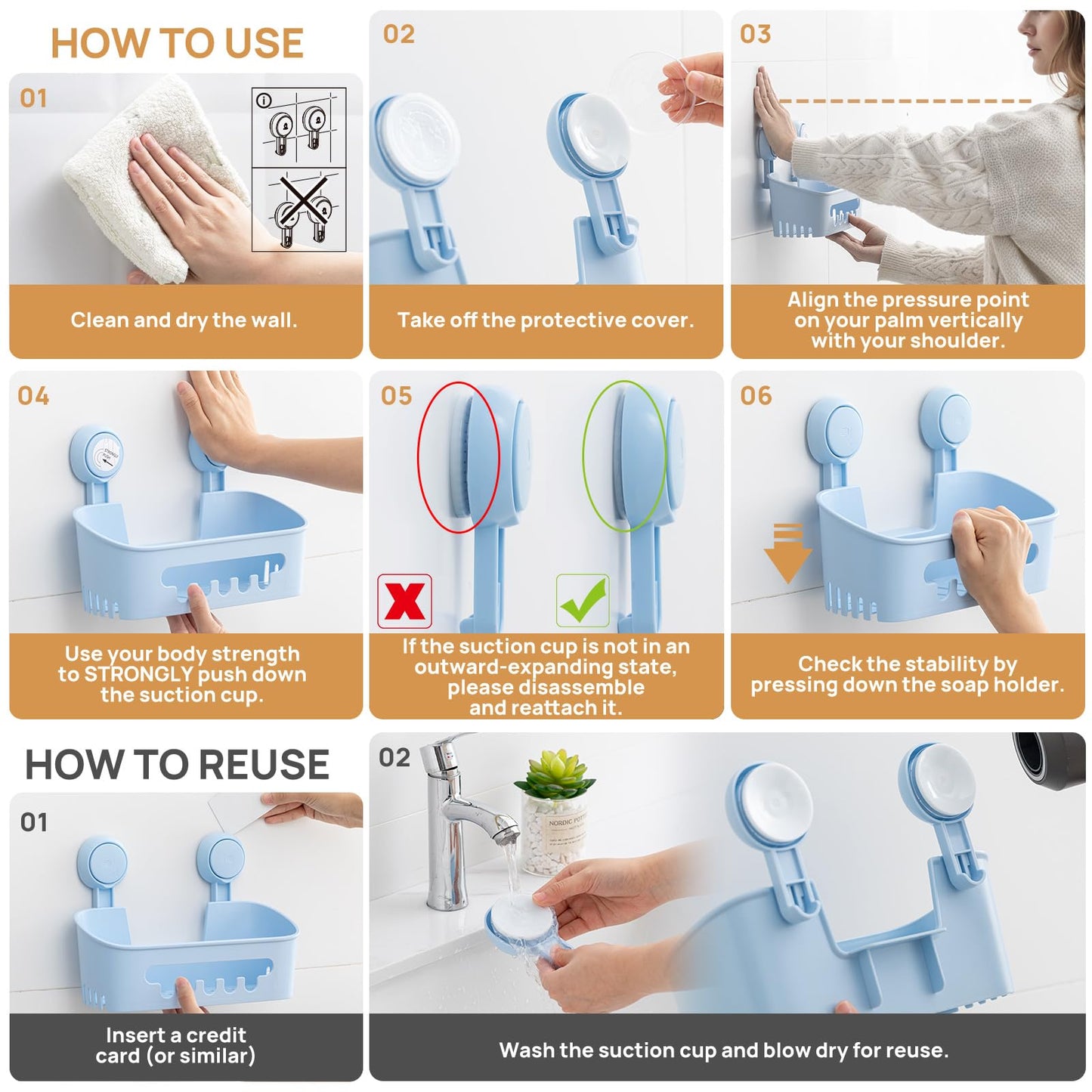 LEVERLOC Shower Caddy Suction Cup, Shower Organizer Removable Bathroom Shelf, Storage Suction Powerful Max Hold 22lbs Bathroom Caddy Waterproof Holder, Blue