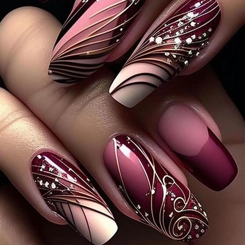 Press On Nails - Medium Length Red French Design with Gold Lines | Reusable Acrylic Full Cover 24 Pcs