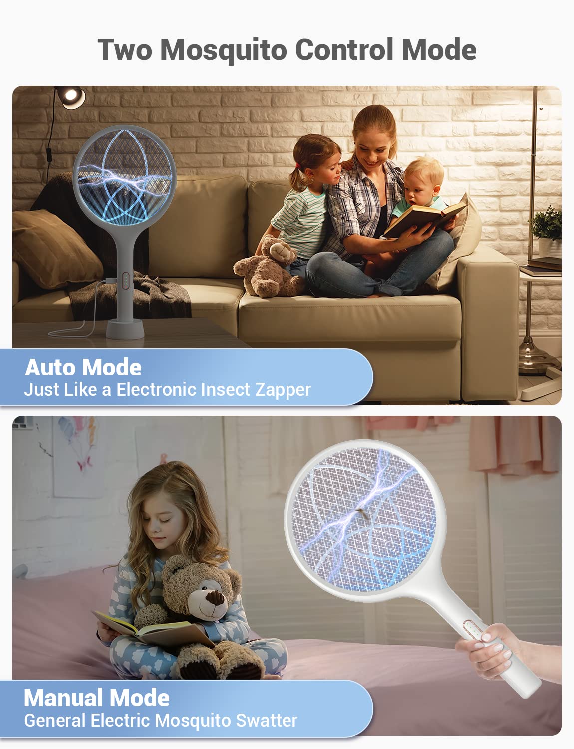 YISSVIC Electric Fly Swatter 4000V Bug Zapper Racket Dual Modes Mosquito Killer with Purple Mosquito Light Rechargeable for Indoor Home Office Backyard Patio Camping (2, White)