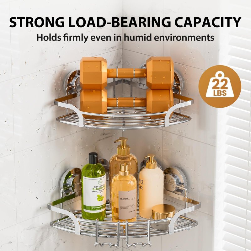 LEVERLOC 2 Pack Powerful Suction Cup Corner Shower Caddy, Stainless Steel Rustproof Shower Shelf with Hooks, Drill-Free Wall Mounted Bathroom Organizer, Large Capacity Removable Suction Basket, Silver