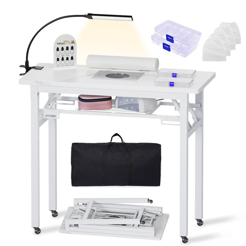Portable & Foldable Manicure Table w/Dust Collector, Rolling Nail Tech Desk w/LED Light Lamp, Wrist Cushion, Lockable Wheels, Carrying Case, for Home Travel Beauty Salon Workstation (Marble White)