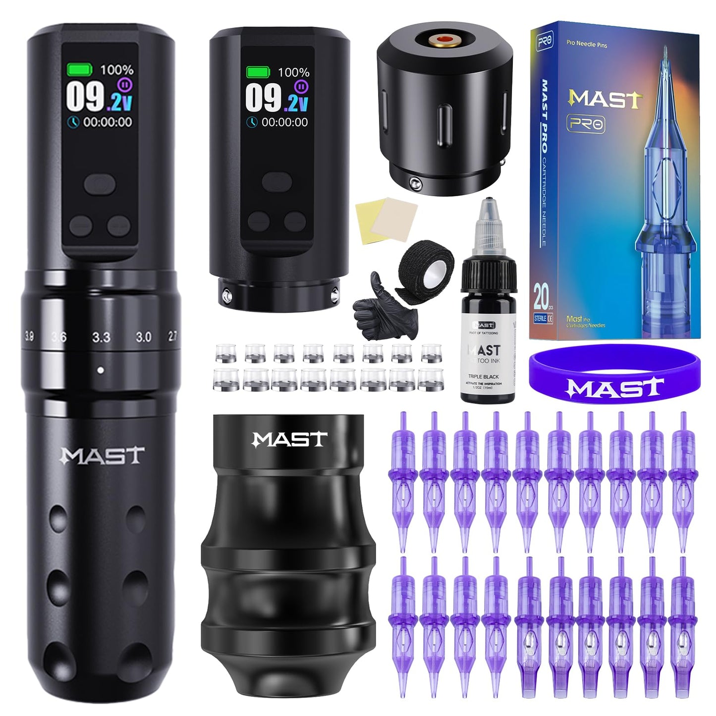 Mast Fold2 Pro Tattoo Kit Complete Tattoo Gun Machine Kit 2 Batteries 2000mAh Power Supply for Long Time Needles Cartridges Black Tattoo Ink Kit (Full Fold2 Pro - Black)