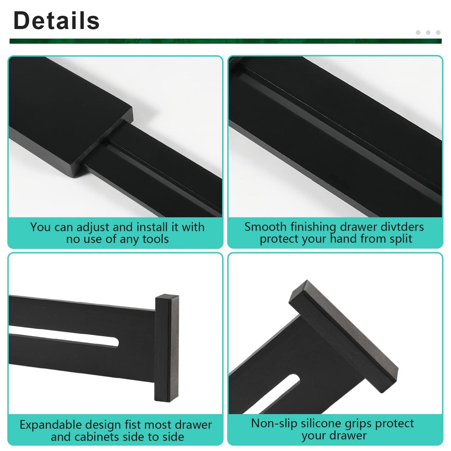 4 Pack Bamboo Drawer Dividers 2.6" High, Adjustable Length from 12 Inch to 17 Inch, Expandable Kitchen Drawer Organizer Separators for Clothes, Kitchen, Bedroom, Dresser, Office (Black)