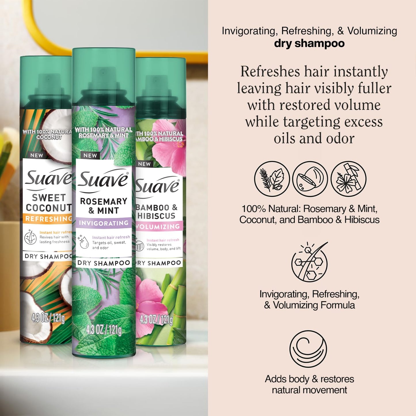 Suave Dry Shampoo Spray Variety 3-Pack – Invigorating Rosemary & Mint, Volumizing Bamboo & Hibiscus + Refreshing Sweet Coconut, 4.3 Oz Ea