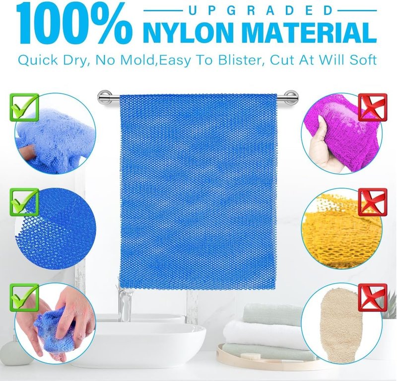 African Bath Sponge Set - 6 Exfoliating Net Body Scrubbers for Daily Use | Purple, Gray, Blue, Black, Brown, Green