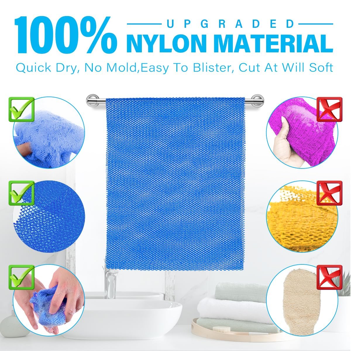 UJFQBH 6 Pieces African Bath Sponge African Net Long Net Bath Sponge Exfoliating Shower Body Scrubber Back Scrubber Skin Smoother,Great for Daily Use (Pink, Yellow, Purple, Blue, Black, Off-White)
