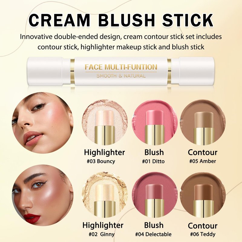 IONSGAKO 6 Colors Cream Contour Stick Makeup Kit, Double-ended Cream Highlighter Stick Bronzer and Blush Stick for Sculpt the Cheeks, Matte & Dewy Finish, Face Contour Kit for Beginners, Set A