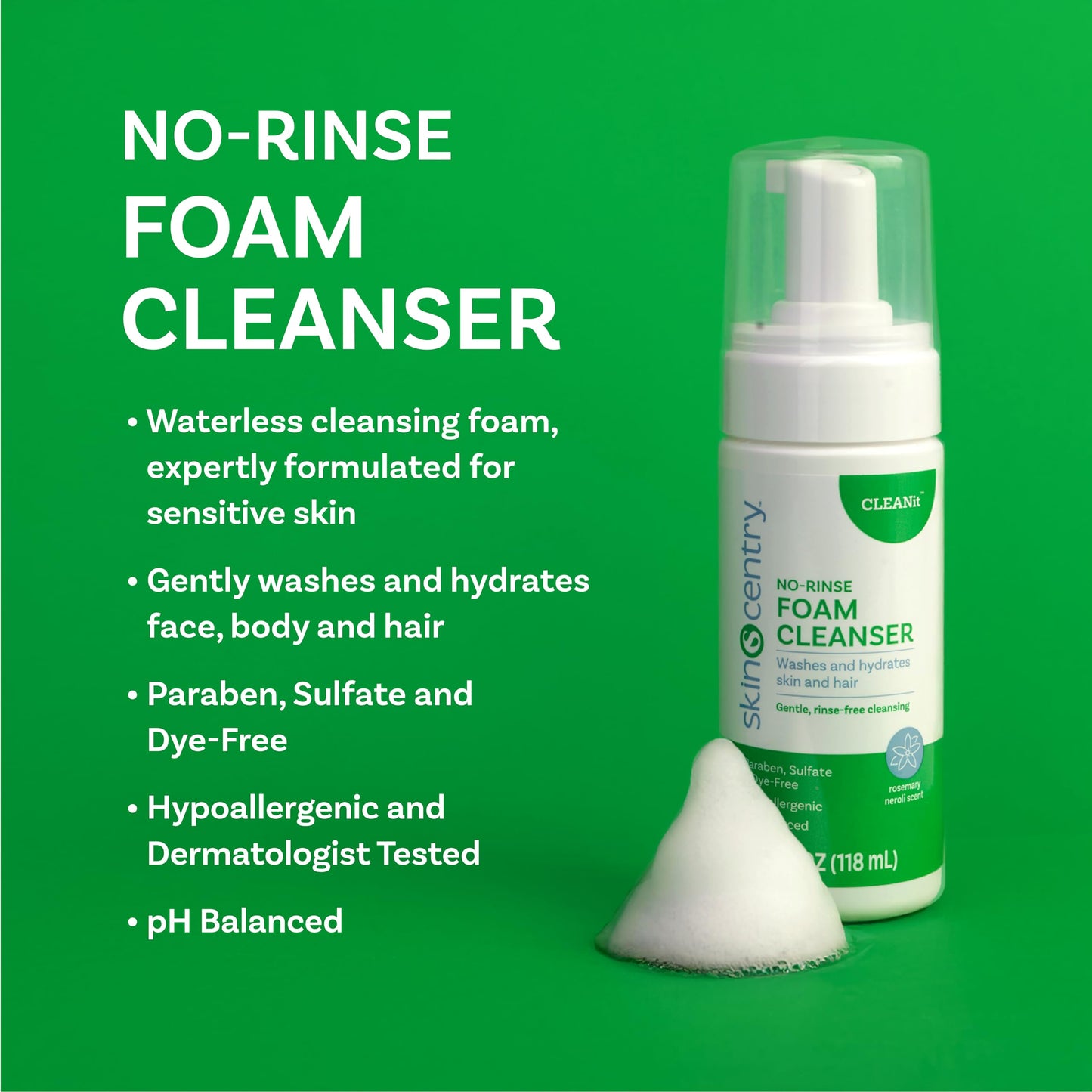 SKINCENTRY No-Rinse Foam Cleanser - Hospital Grade Waterless Hair & Body Wash, Hypoallergenic Rinse-Free Shampoo for Sensitive & Dry Skin, Paraben, Sulfate & Dye Free - 4 oz