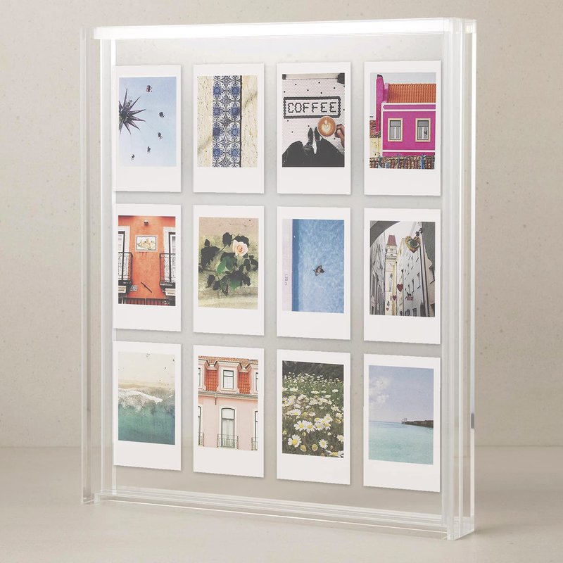 Elil Polaroid & Fujifilm Instax Frame – Clear Acrylic Floating Picture Frame 11.8" x 10.2" Holds 8x10 Photo or 12 Instax Mini Polaroid Go Prints Double-Sided Collage Display for Wedding & Graduation