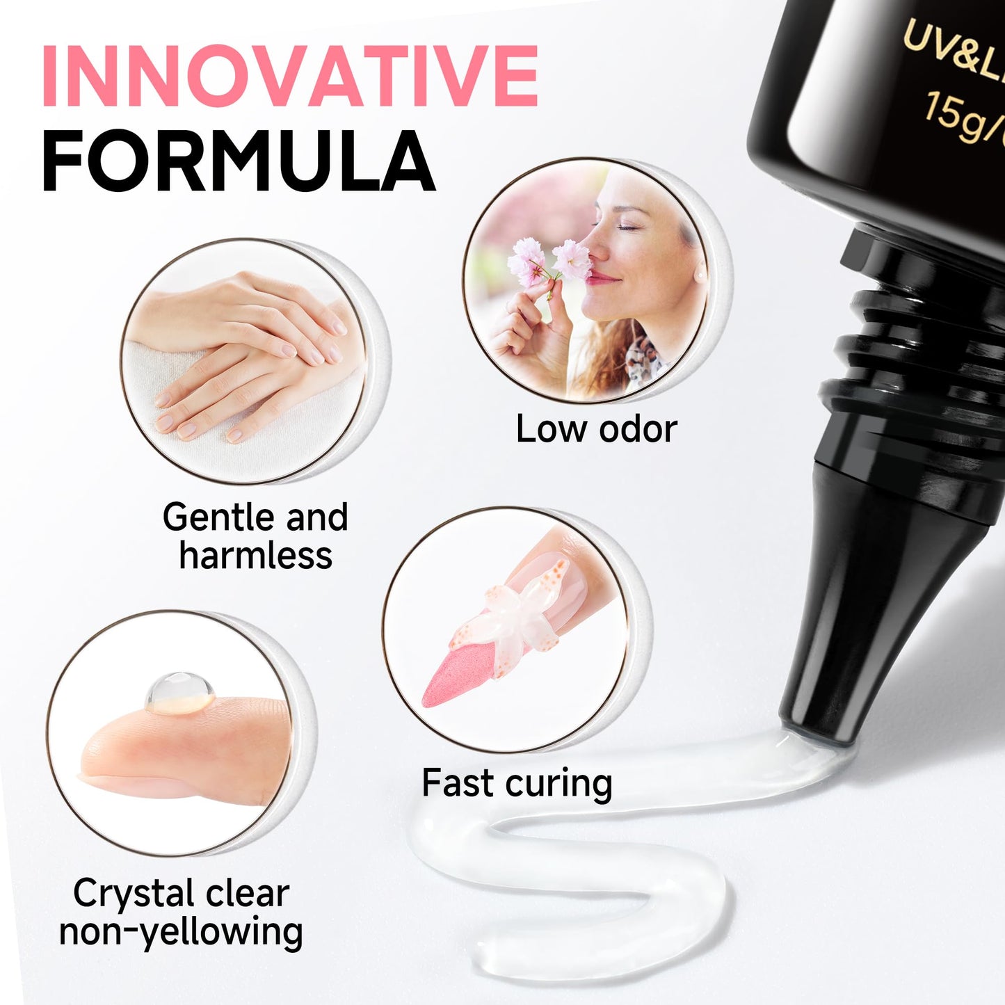 UNA GELLA 3D Gel Nail Art, 3D Nail Gel Sculpting G el Glue 15g 4 in 1 No Wipe Clear Nail Polish for Nails Tips, Chrome Powder, Nail Charms Gems, Drawing and DIY Nail Art Lamp Curing Needed