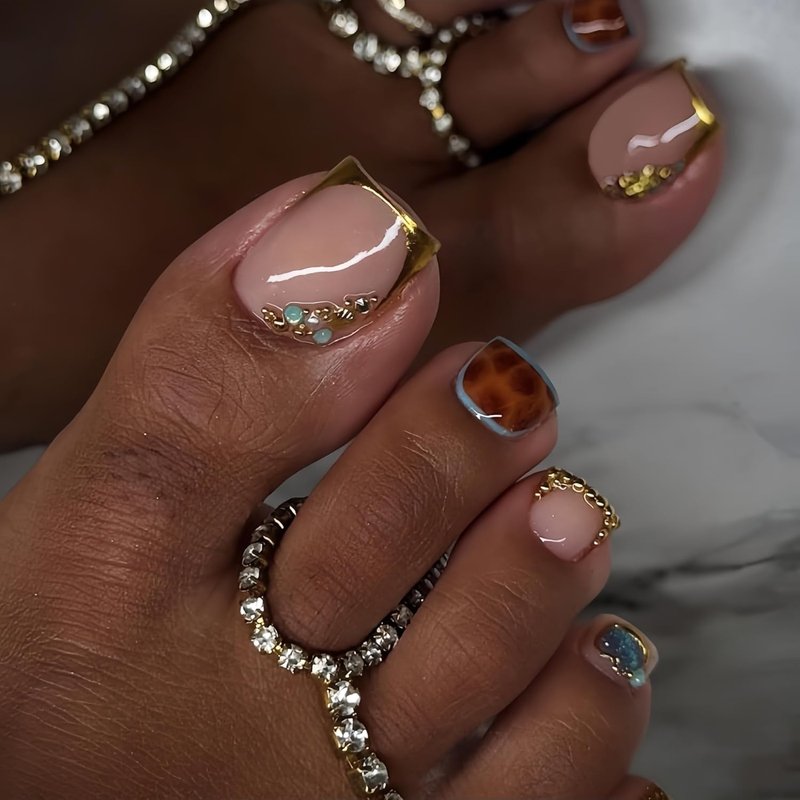 Gold French Tip Press On Toenails - Leopard Print Full Cover Acrylic | 24 Pcs Short Square Design for Women