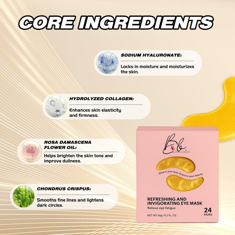 Gold Under Eye Masks - Collagen Hydrating Gel Patches for Dark Circles & Fine Lines | 24 Pairs Vegan, Cruelty-Free Skincare