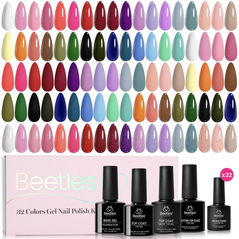 beetles Gel Nail Polish Set – 32 Colors Gel Polish Kit with Base Top Coat Pink Red Blue Purple Green Yellow Brown Black White Soak Off UV LED Nail Art DIY Summer Manicure Gift for Women
