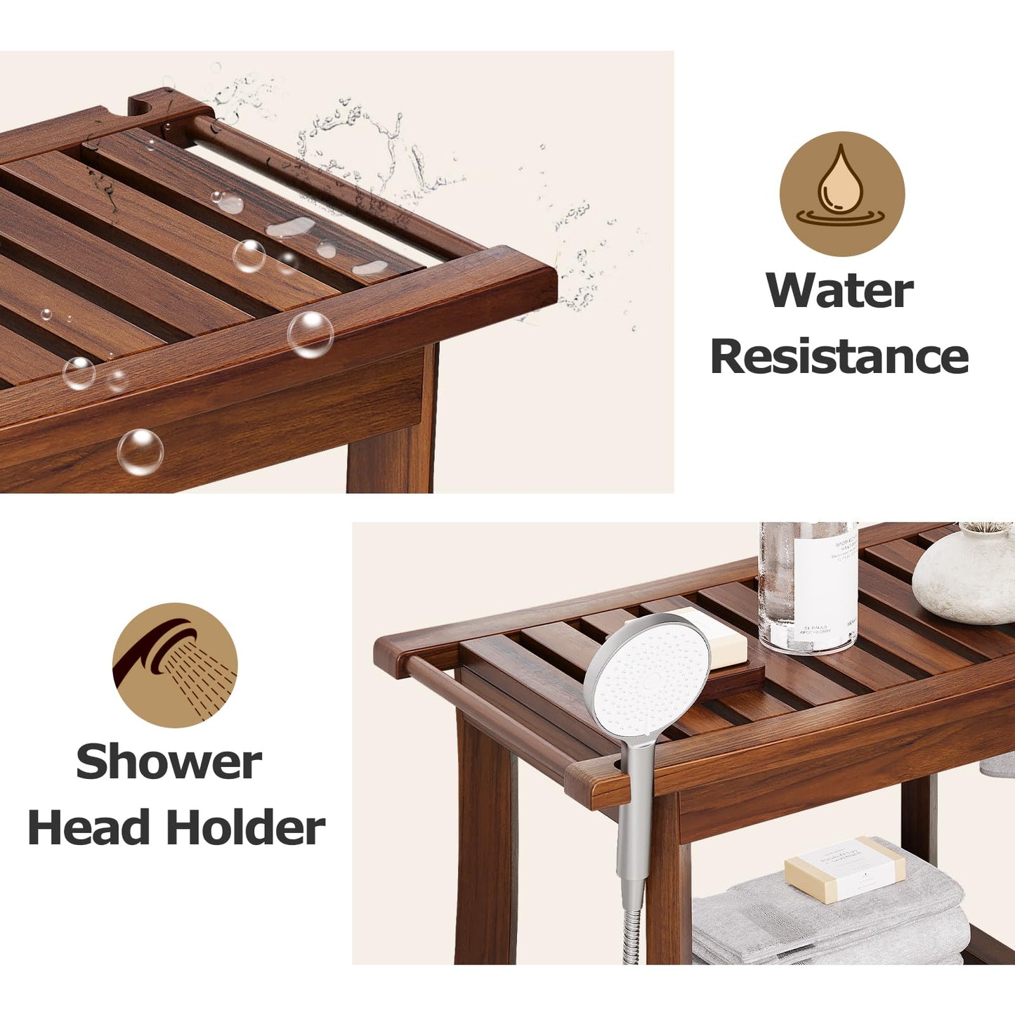 Teak Shower Bench, 23.6 Inch Teak Shower Stool 300lbs Wood Shower Chair Seat with Storage Shelf Towel Rack for Bathroom Indoor and Outdoor Use