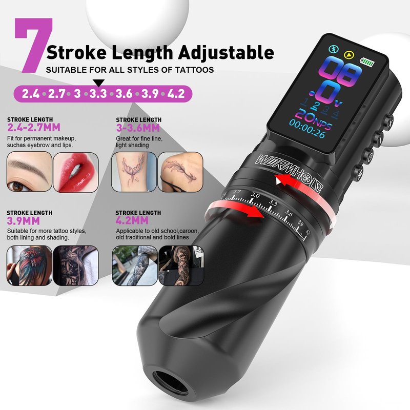 Wormhole 2 PCS 2300mAh Batteries Tattoo Gun Wireless Tattoo Machine Multi-function Tattoo Pen Smart Display, 3 Working Modes, 7 Strokes Length for Artists