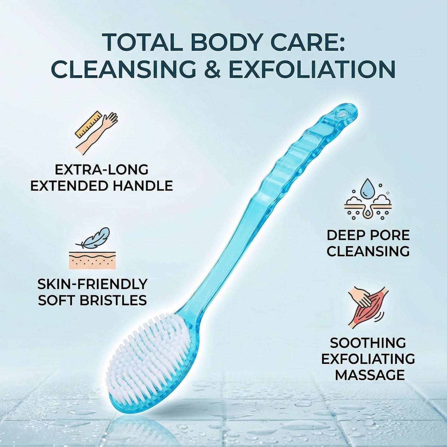 Ergonomics Long Handle Shower Brush, Exfoliating Back Scrubber with Stiff and Soft for Wet or Dry Brushing, Body Brush for Deep Cleansing and Massage -