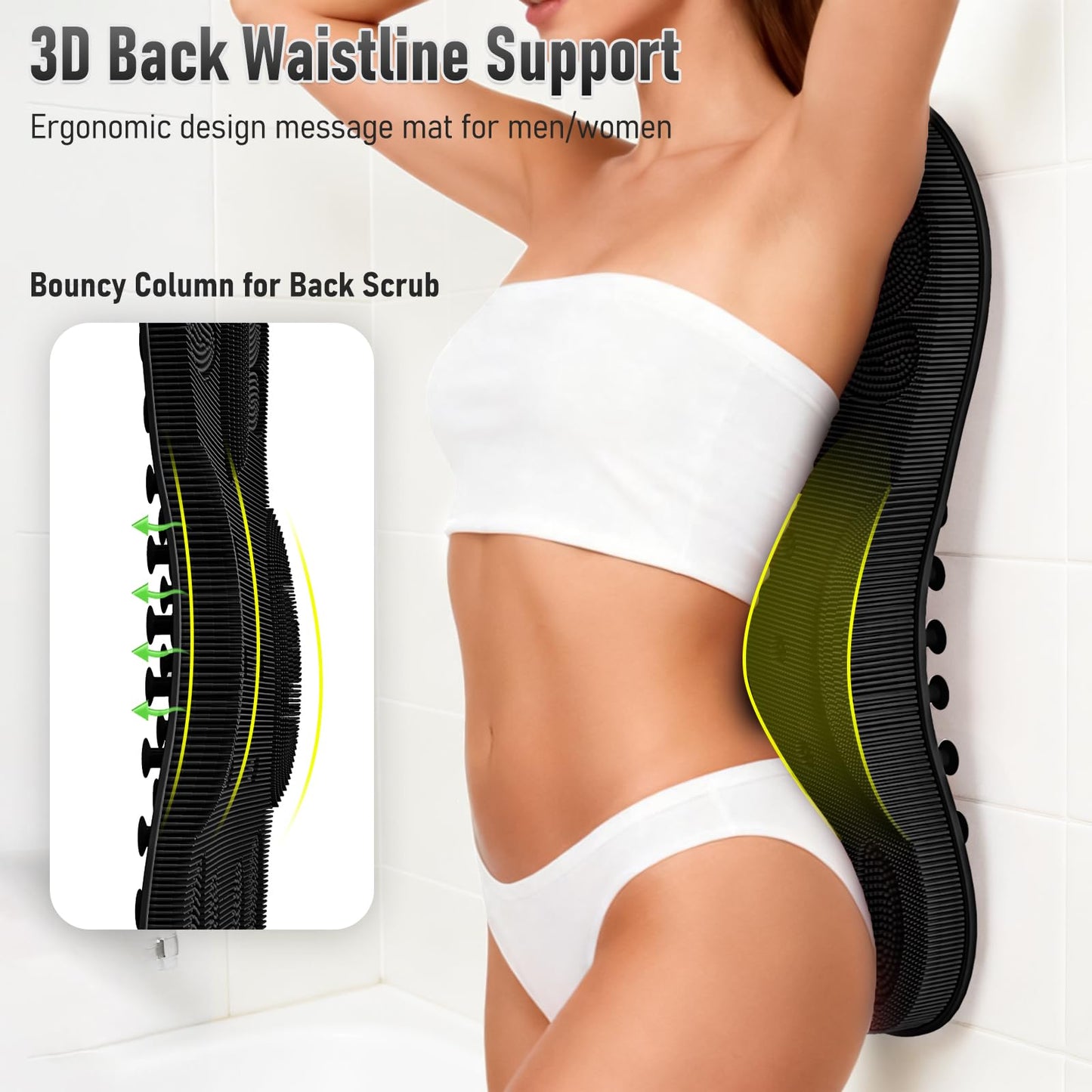 Back Scrubber for Shower Wall Mounted Men Exfoliating Scratcher Mat Extra Large Silicone Hands Free Body Brush, 3D Ergonomic Back Support Message Lower Pain Relief with Anti-slip Suction Cups Black
