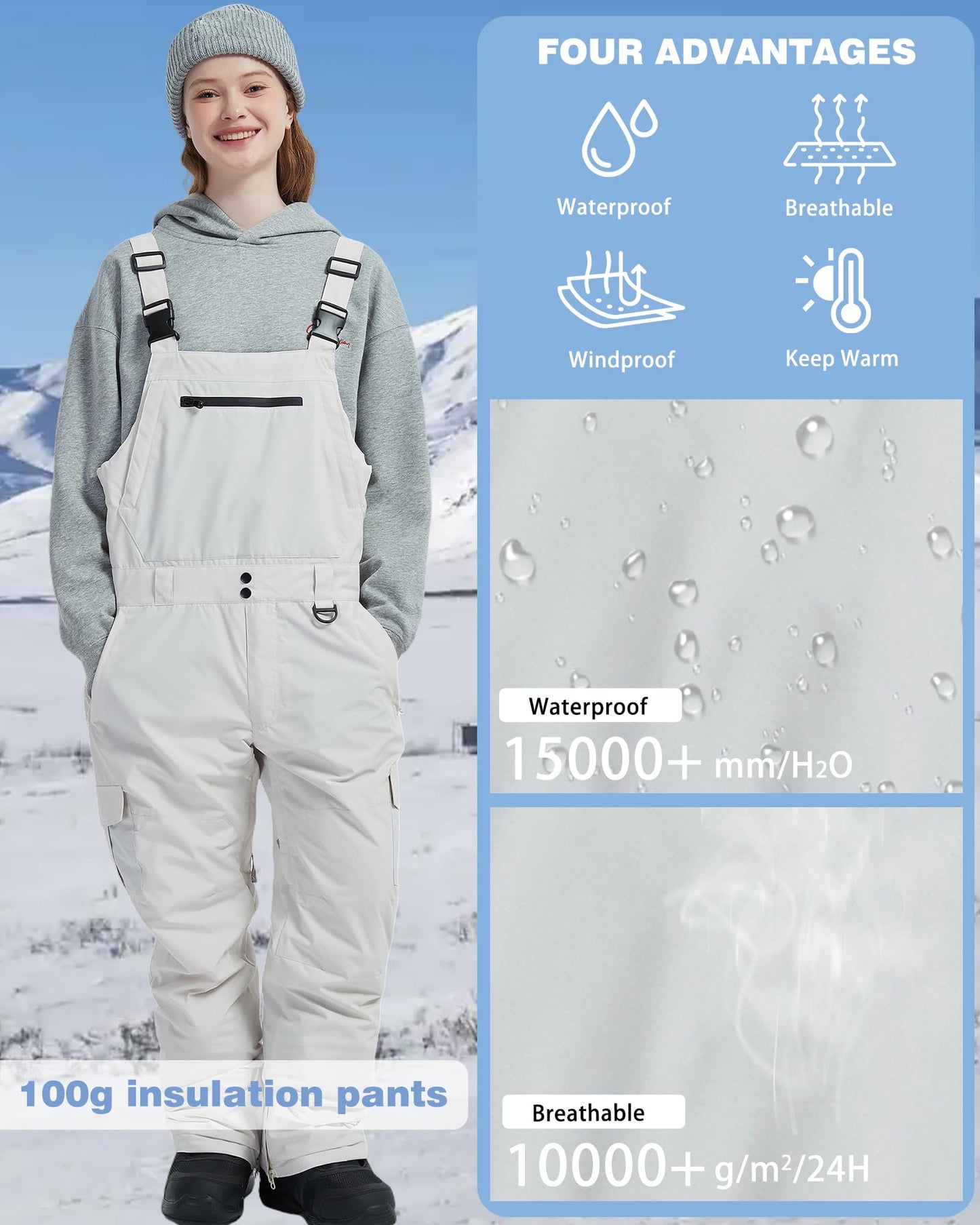 BUMDEEP Women and Mens Snow Bibs Adjustable Overalls Pants Windproof Waterproof Ski Pants Insulated Warm Pants(Black,S)