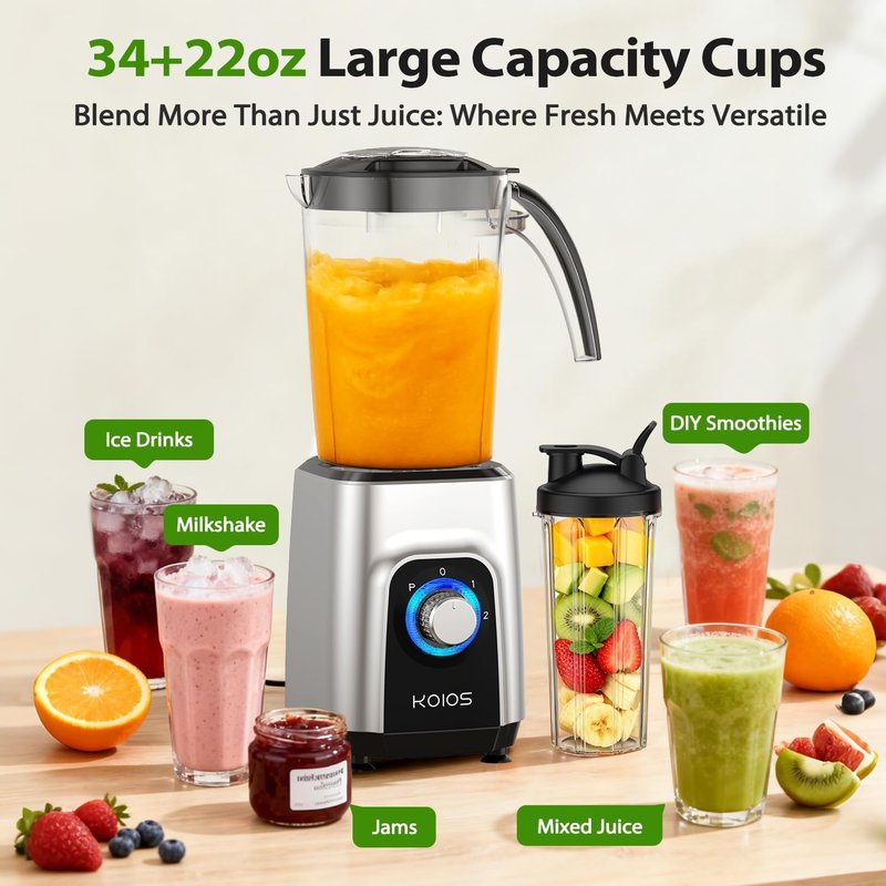 KOIOS Blender & Food Processor Combo - 1000W 4-in-1 Kitchen System | 34oz Pitcher, 22oz Cup, Meat Grinder, BPA Free