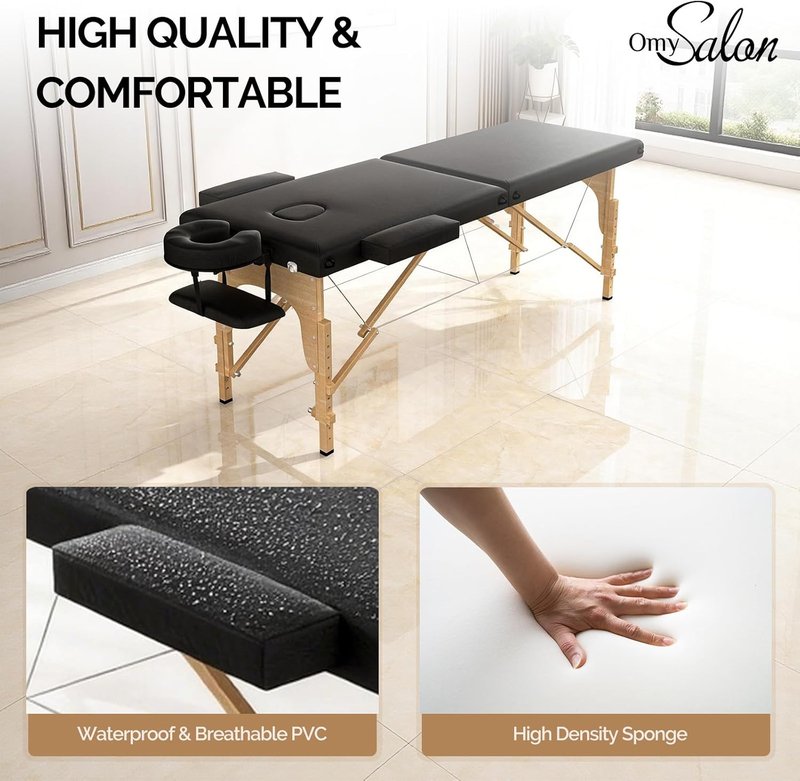 OmySalon Massage Table Portable Massage Bed, 84" x 24" 2-Fold Salon SPA Tattoo Bed Lash Table Height Adjustable with Carrying Bag, Face Cradle & Wooden Frame, Black