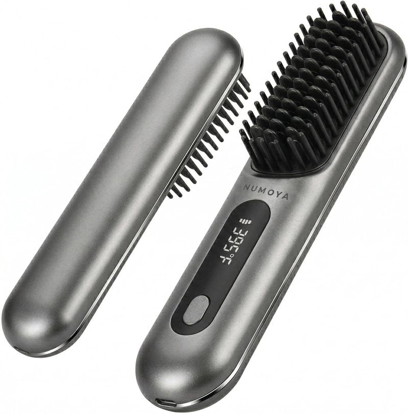 Portable Cordless Hair Straightener Brush - Fast 30s Heat, 3 Temp Settings | Travel-Friendly Gray Design