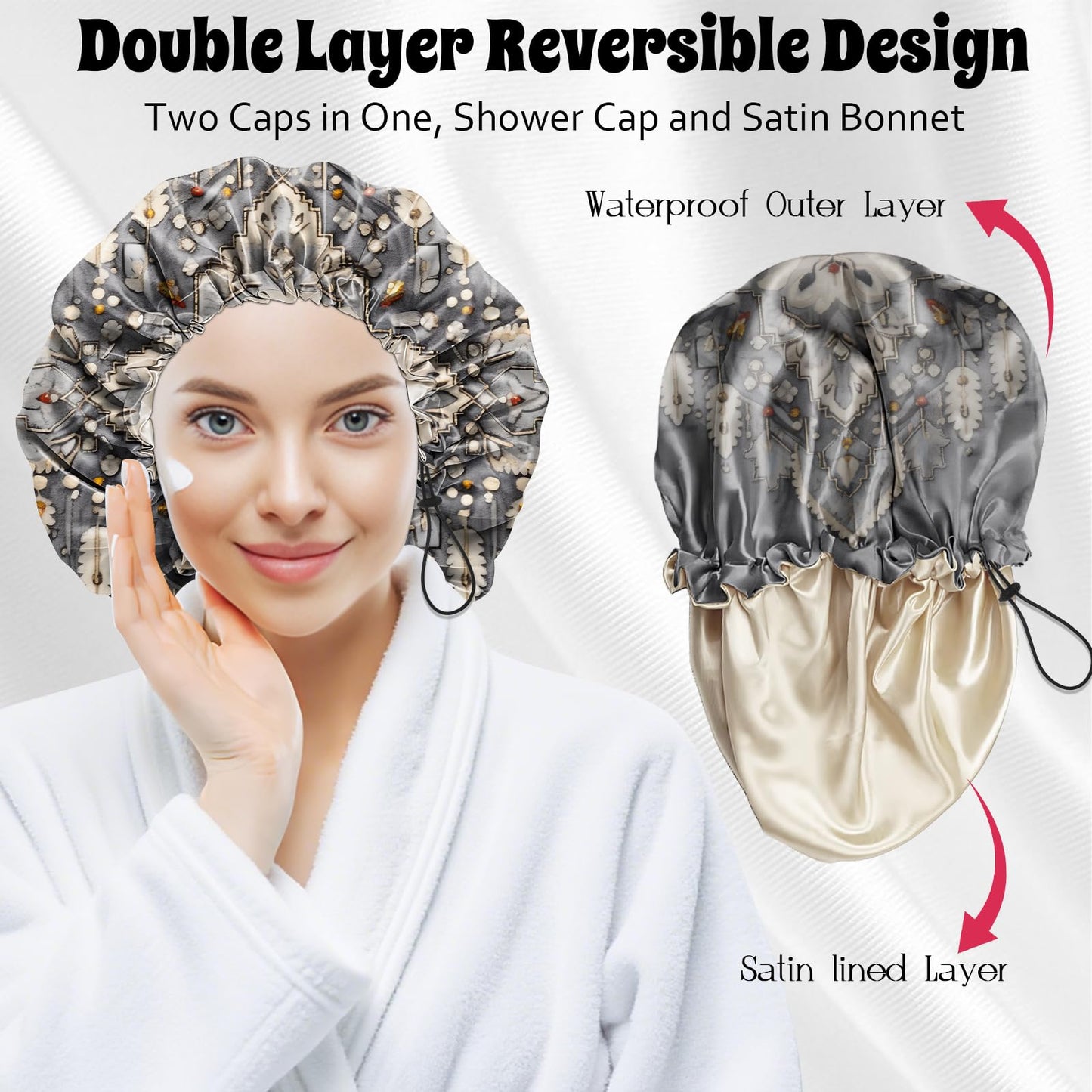 BHAHB Luxury Shower Cap Satin Lined Reusable Waterproof Double Layer Elastic Adjustable Hair Bath Cap Cute Aesthetic Women Girls-Boho