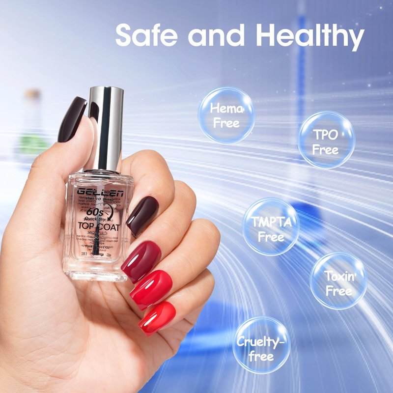GELLEN Clear Nail Polish Top Coat Quick Dry in 60 Seconds, High-Gloss Shine Top Coat Fast Air Drying Clean Regular Nail Polish, Hema Free, TPO Free, Non-toxic, No Chip, Long Lasting