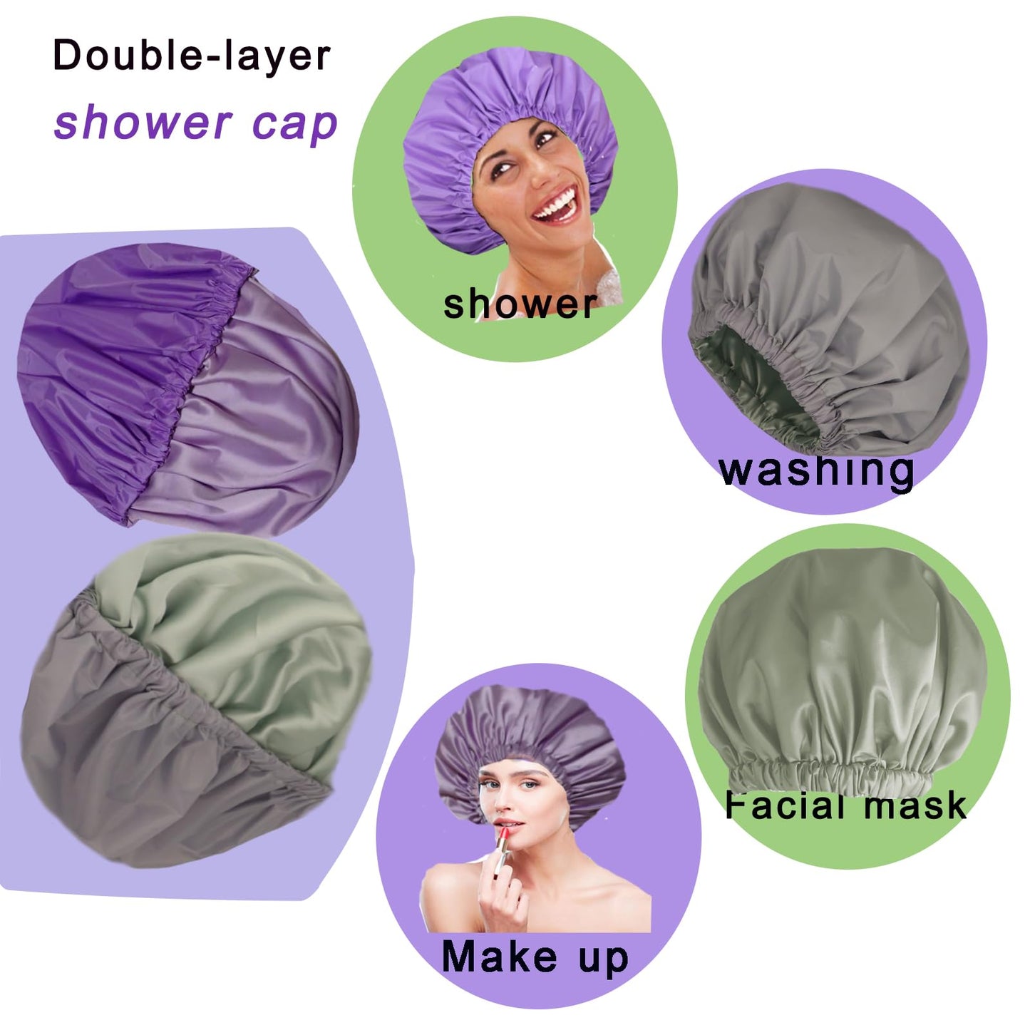 Genergy 2pcs Shower Cap for Women,Including Travel bag and Satin Scrunchy. Frizz-Free Silky Liner, Waterproof Reusable Large Bath Cap for Short and Long Thick Hair, Soft Adjustable Elastic, Non-slip.