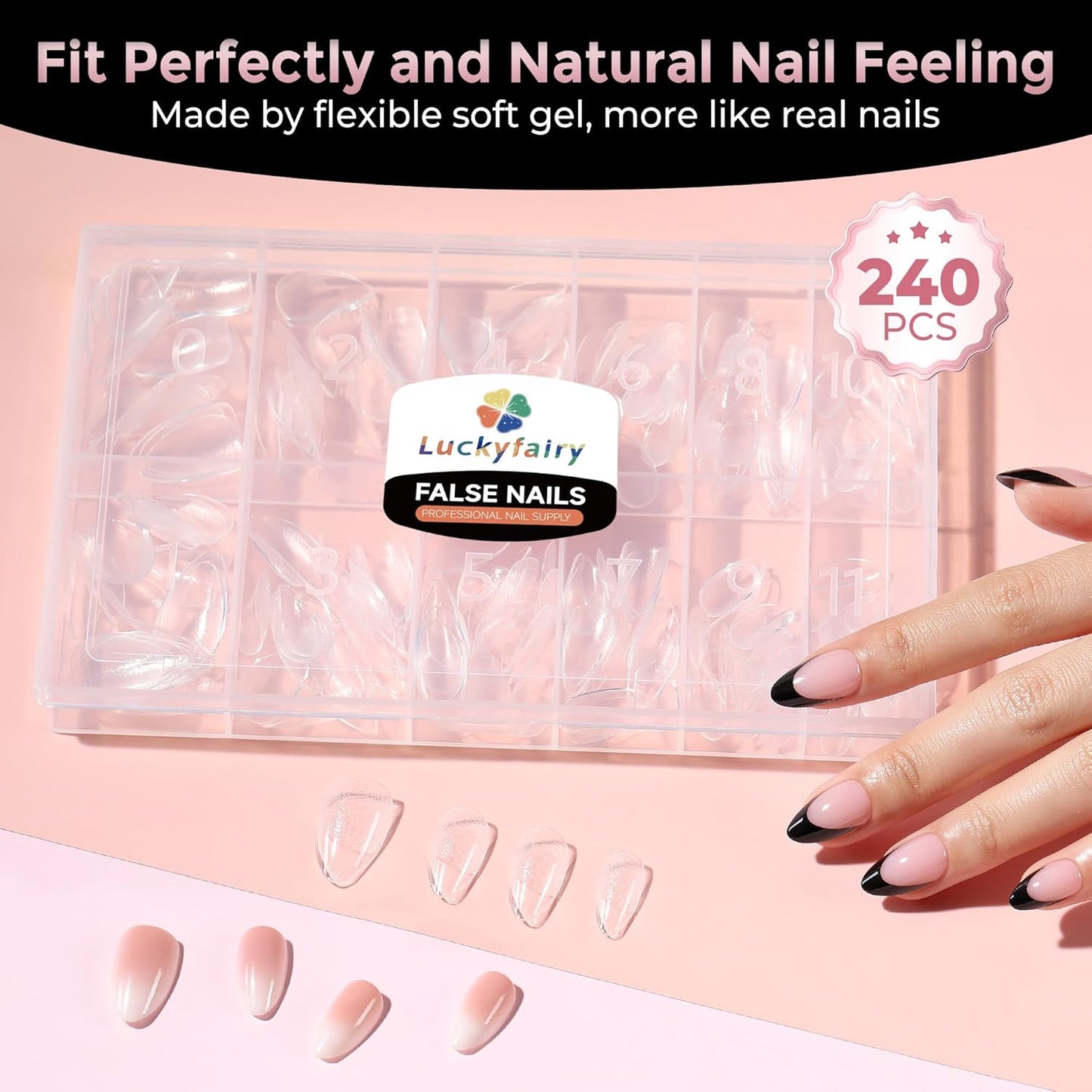 Skiennix Short Almond Nail Tips - 240pcs Soft Gel Acrylic Fake Nails | Half Matte Full Cover, 12 Sizes