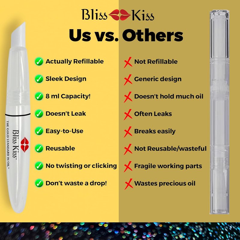 Bliss Kiss Refillable Cuticle Oil Pen - 8 ml Nail Oil with Soft Brush Applicator & Cuticle Pusher
