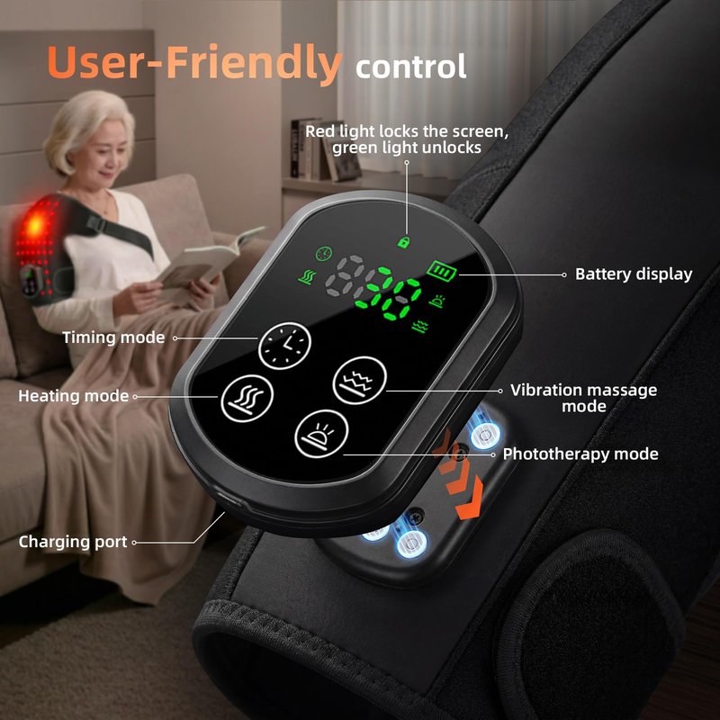 Cordless Red Light Therapy for Shoulder with Heat & Massage Vibration, Separate 5000mAh Portable Near-Infrared Light Therapy Wrap for Shoulder Discomfort, 3 Heat 4 Vibration Modes, 660nm & 850nm LEDs
