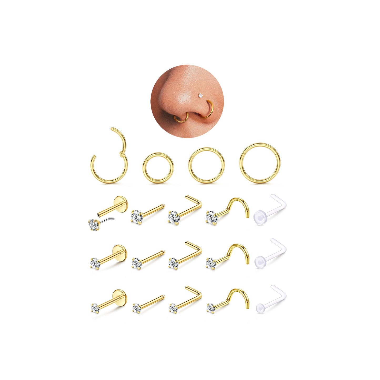 14K Gold Filled Nose Rings Studs Hoops for Women Men: 18G 316L Surgical Stainless Steel Hypoallergenic Dainty Simulated Diamond L Shaped/Corkscrew/Straight/Push Back Nostril Nose Piercing Jewelry