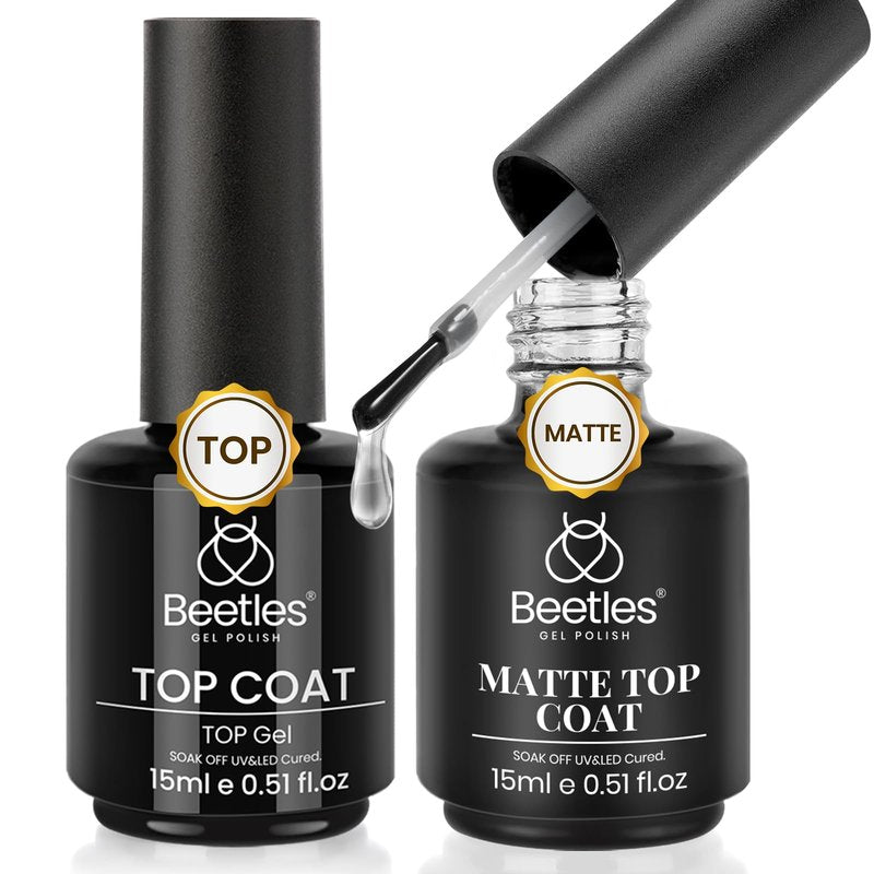 Beetles Matte Gel Top Coat No Wipe Glossy Top Coat Set 2Pcs 15ml, Shiny Long-Lasting Clear Gel Nail Polish, Soak Off UV LED Nail Lamp, Home DIY Manicure Salon Gifts for Women