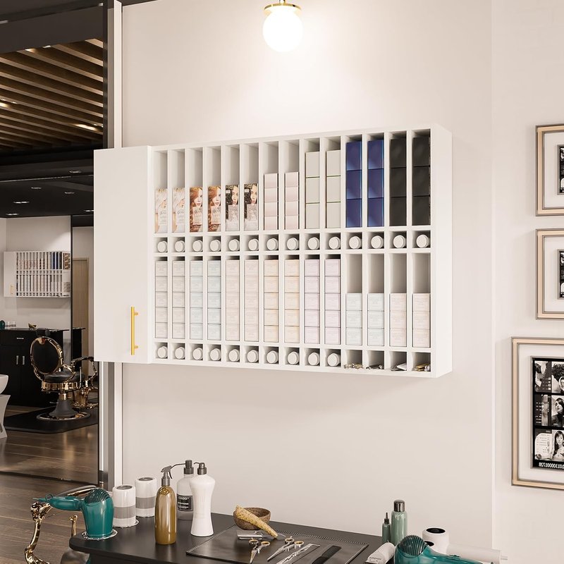 OmySalon Wall Mounted Salon Station - Hair Color Rack Organizer with Adjustable Shelves | White
