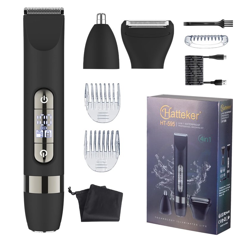 Hatteker 4 in 1 Multifunctional Dual - Head Body Hair Trimmer for Men, IPX7 Waterproof Groin & Body Hair Groomer, Rechargeable Body Electric Shaver Razor
