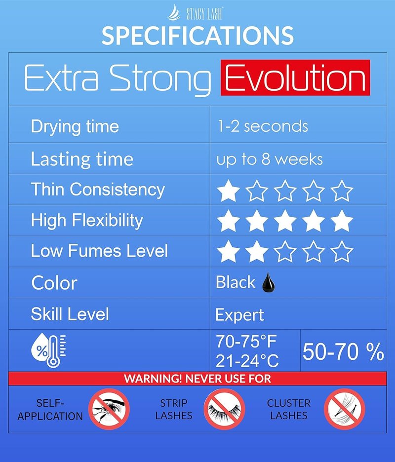 Extra Strong Evolution Eyelash Extension Glue Stacy Lash (0.17fl.oz/5ml)/1-2 Sec Dry/Retention – 8 Weeks/Black Adhesive