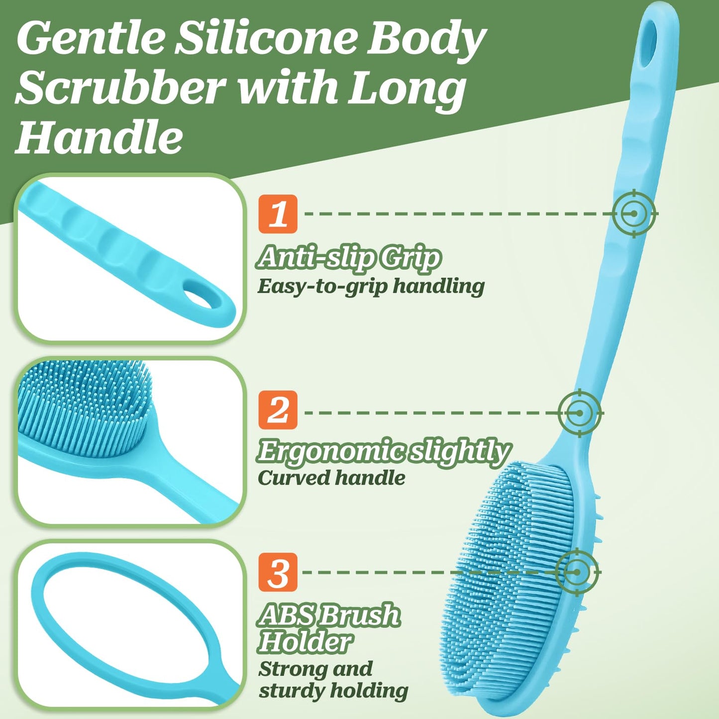 GEENOA Back Scrubber for Shower, Gentle Silicone Body Scrubber, Soft Silicone Loofah with Handle, Back Brush Bath Brush with Detachable Brush Head.