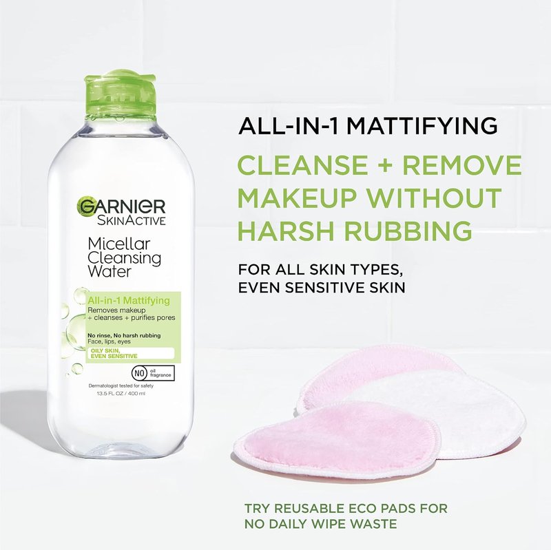 Garnier Micellar Water - Oily Skin Facial Cleanser & Makeup Remover | Mattifying, 13.5 Fl Oz