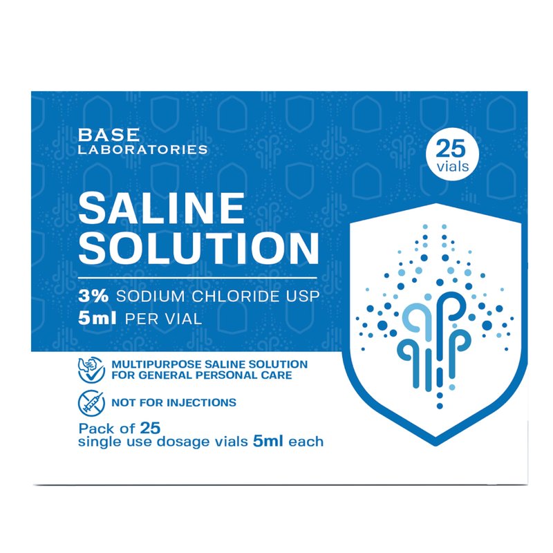 BASE LABORATORIES 0.9% Saline Solution Vials - Versatile 0.9% Sodium Chloride Saline Ampoules - Preservative Free Saline Solution Single use vials - USP Grade 25 Vials x 5ml Count