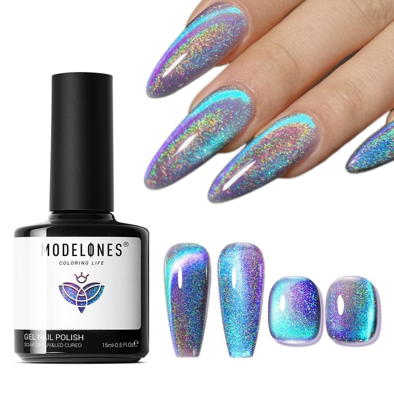 modelones 9D Magnetic Cat Eye Gel Nail Polish, Holographic Blue Purple Rainbow Shimmer, 15ML UV LED Soak Off Gel Manicure Design - Reflective Top Coat for Women & Girls